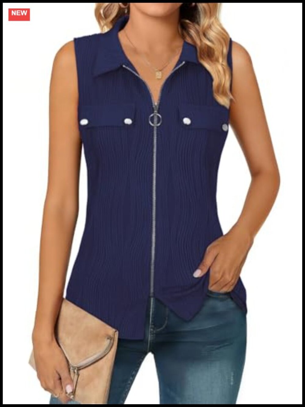 Women's V Neck Zip Front Sleeveless Tank Top Pleated Wavy Textured